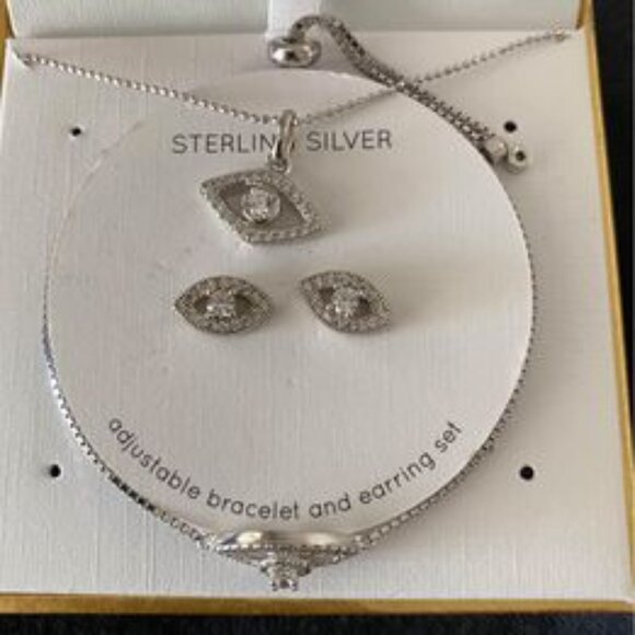 Complete set of 100% silver evil eye set earrings, bracelet, necklace with chain - Picture 3 of 3